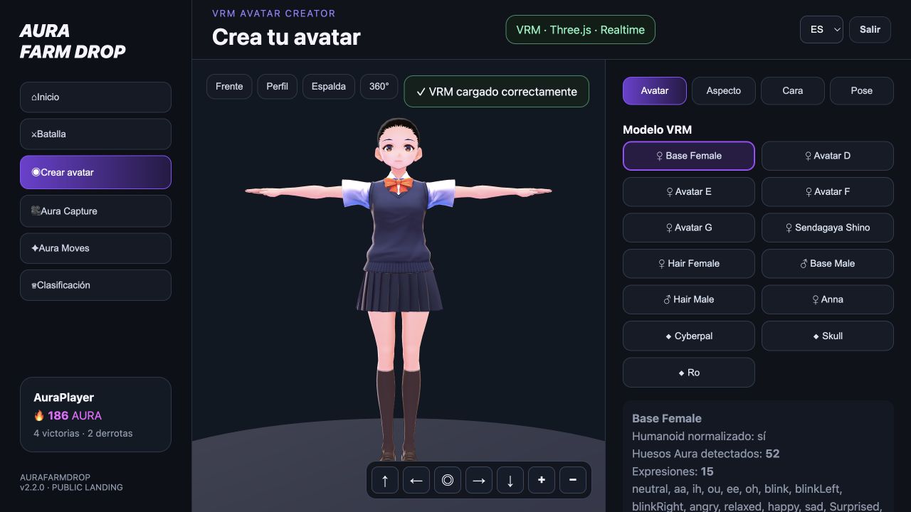Pantalla para crear y personalizar un avatar VRM